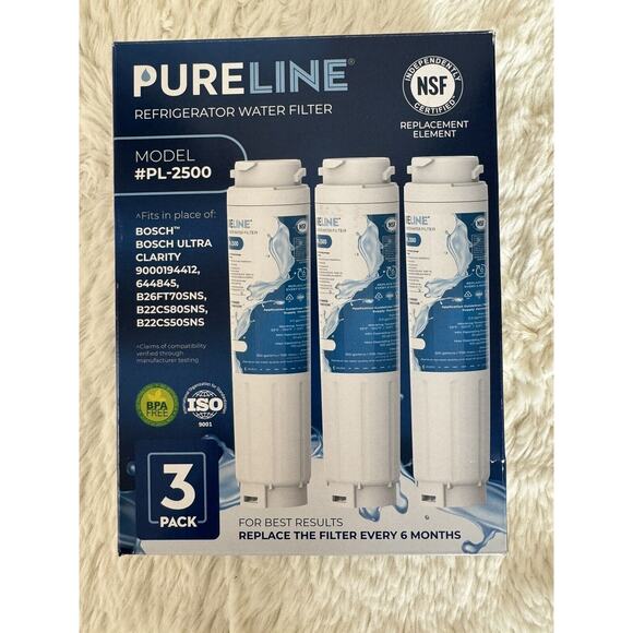 3 pack Pureline PL-2500 Bosch Haier Refrigerator Water Filters 644845 00621874 - Picture 1 of 4